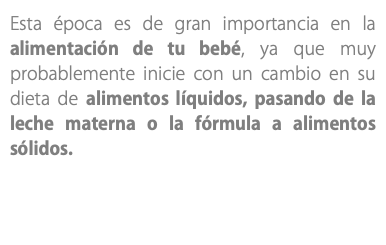 Esta época es de gran importancia en la alimentación de tu bebé, ya que muy probablemente inicie con un cambio en su dieta de alimentos líquidos, pasando de la leche materna o la fórmula a alimentos sólidos.