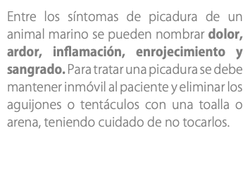 Entre los síntomas de picadura de un animal marino se pueden nombrar dolor, ardor, inflamación, enrojecimiento y sangrado. Para tratar una picadura se debe mantener inmóvil al paciente y eliminar los aguijones o tentáculos con una toalla o arena, teniendo cuidado de no tocarlos.