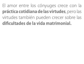 El amor entre los cónyuges crece con la práctica cotidiana de las virtudes, pero las virtudes también pueden crecer sobre las dificultades de la vida matrimonial.