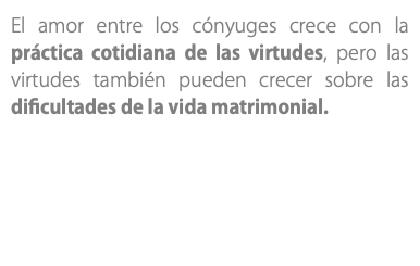 El amor entre los cónyuges crece con la práctica cotidiana de las virtudes, pero las virtudes también pueden crecer sobre las dificultades de la vida matrimonial.